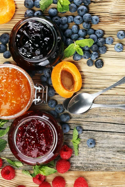 Assortment Jams Seasonal Berries Apricot Mint Fruits Marmalade Confiture — Stock Photo, Image