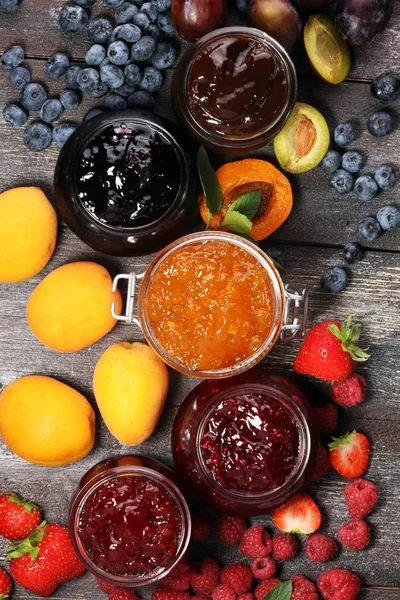 Assortment Jams Seasonal Berries Apricot Mint Fruits Marmalade Confiture — Stock Photo, Image