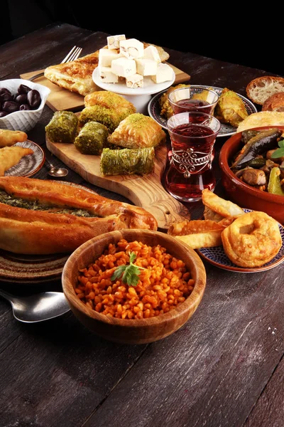 Middle Eastern Arabic Dishes Assorted Meze Concrete Rustic Background Sambusak — Stock Photo, Image