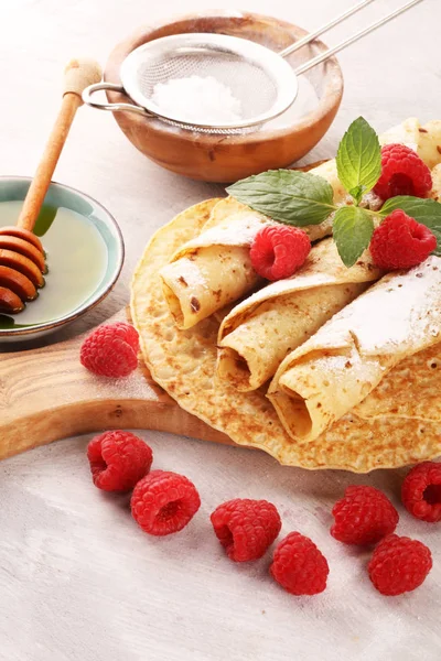 Homemade Crepes Served Fresh Raspberrries Powdered Sugar Rustic Table — Stock Photo, Image