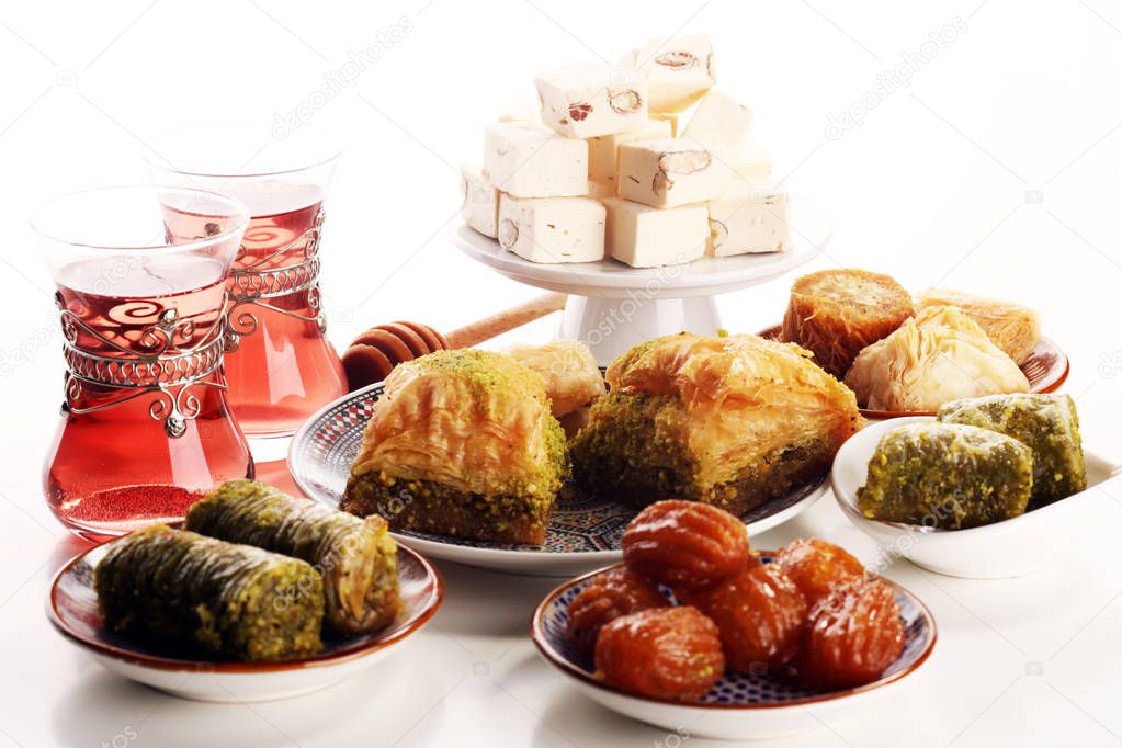 Middle eastern or arabic dishes. Turkish Dessert Baklava with pistachio.