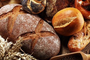 Ekmek ve ekmek çeşitleri gemide yukarıdan alır. Mutfak veya fırın poster tasarımı.