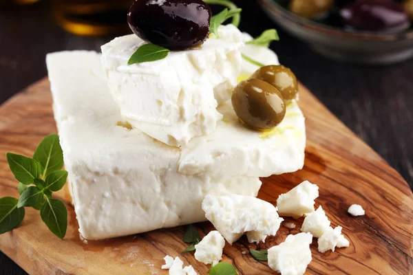 Greek Cheese Feta Herbs Olives Rustic Table — Stock Photo, Image