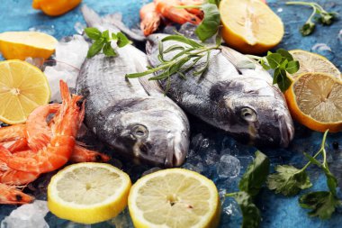 Lezzetli taze balık. Balık aromatik otlar, baharatlar ve sebzeler - sağlıklı gıda, diyet veya pişirme kavramı ile