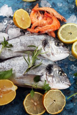 Lezzetli taze balık. Balık aromatik otlar, baharatlar ve sebzeler - sağlıklı gıda, diyet veya pişirme kavramı ile