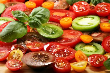 Kırsal masada çeşitli renkli domatesler ve fesleğen yaprakları. Taze zebra domates ve cccor de boeuf