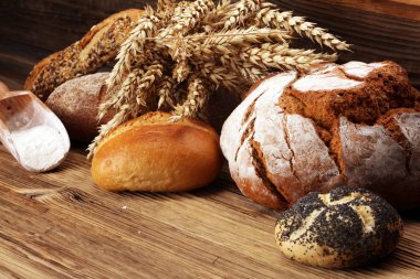 Ekmek ve ekmek çeşitleri gemide yukarıdan alır. Mutfak veya fırın poster tasarımı.