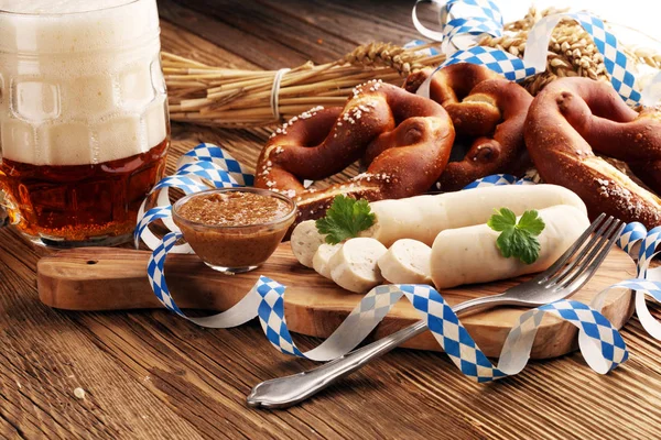 Bavarian Veal Sausage Breakfast Sausages Soft Pretzel Mild Mustard Wooden — Stock Photo, Image