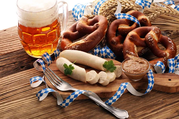 Bavarian Veal Sausage Breakfast Sausages Soft Pretzel Mild Mustard Wooden — Stock Photo, Image