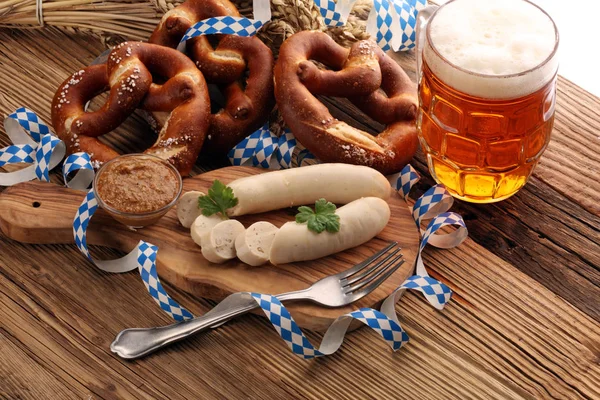 Bavarian Veal Sausage Breakfast Sausages Soft Pretzel Mild Mustard Wooden Stock Photo