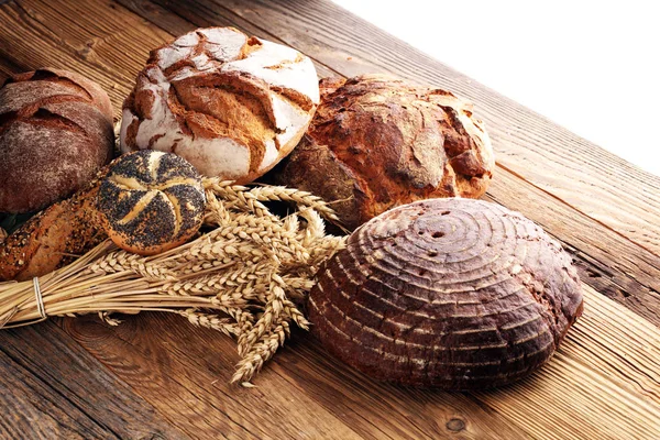 Verschillende Soorten Brood Brood Broodjes Aan Boord Van Bovenaf Keuken — Stockfoto