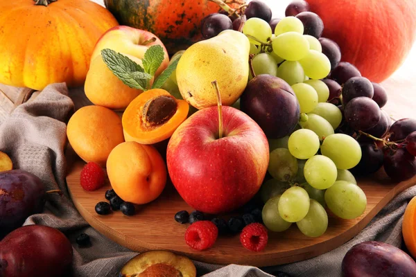 Fresh Summer Autumn Fruits Apple Grapes Berries Pear Apricot — Stock Photo, Image