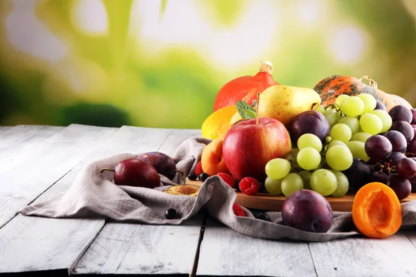 Fresh Summer Autumn Fruits Apple Grapes Berries Pear Apricot — Stock Photo, Image
