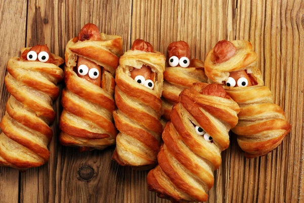 Mummy Sausages Scary Halloween Party Food Decoration Wrapped Dough — Stock Photo, Image