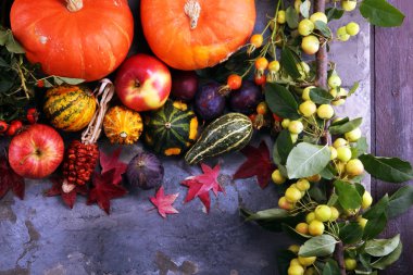 Sonbahar doğa kavramı. Sonbahar meyve ve sebze ahşap üzerine. Şükran günü yemeği. Erik ve kabak ayçiçeği ve elma ile
