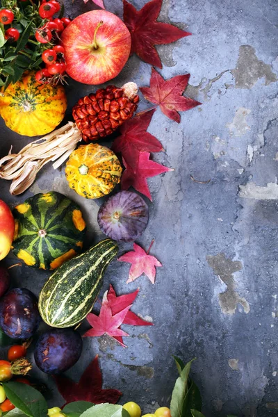 秋天自然的概念 把水果和蔬菜落在木头上 感恩节晚餐李子和南瓜配向日葵和苹果 — 图库照片