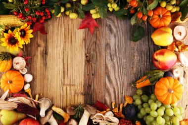 Sonbahar doğa kavramı. Sonbahar meyve ve sebze ahşap üzerine. Şükran günü yemeği. Mısır ve kabak ile ayçiçeği ve Erik