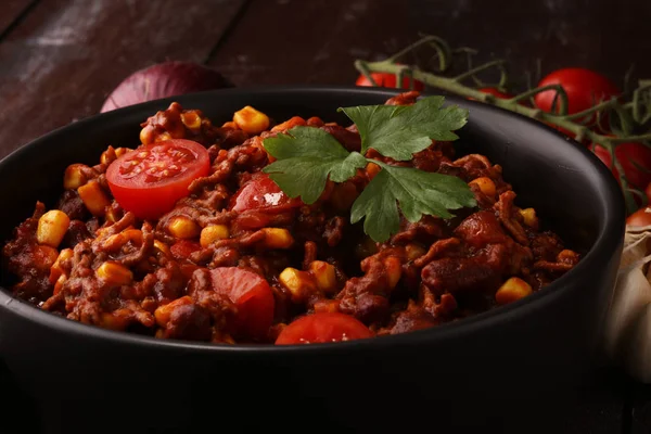 Chili Con Carne Quente Comida Mexicana Saborosa Picante — Fotografia de Stock