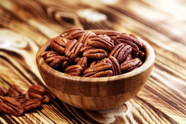 Orzechy Pecan Stół Pecan Orzechy Misce — Zdjęcie stockowe