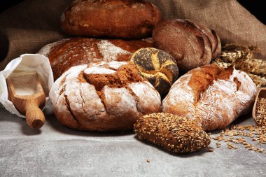 Ekmek ve ekmek çeşitleri gemide yukarıdan alır. Mutfak veya fırın poster tasarımı.