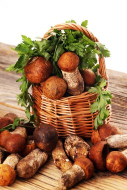 ahşap masa üzerinde ham mantar. Organik taze mantar