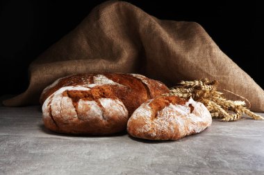 Ekmek ve ekmek çeşitleri gemide yukarıdan alır. Mutfak veya fırın poster tasarımı.