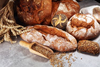 Ekmek ve ekmek çeşitleri gemide yukarıdan alır. Mutfak veya fırın poster tasarımı.