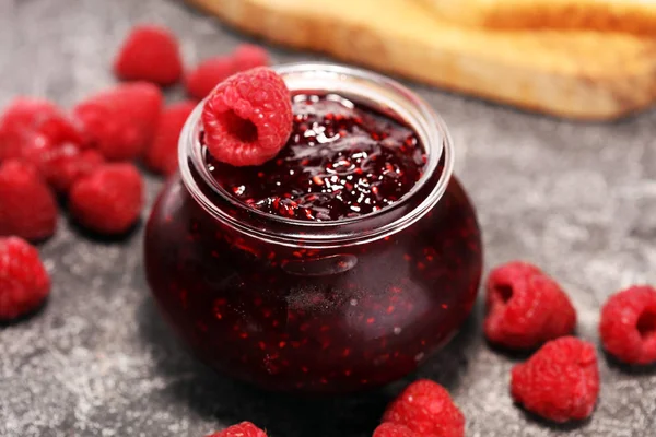 Himbeermarmelade Mit Frischen Himbeeren Marmelade Glas — Stockfoto