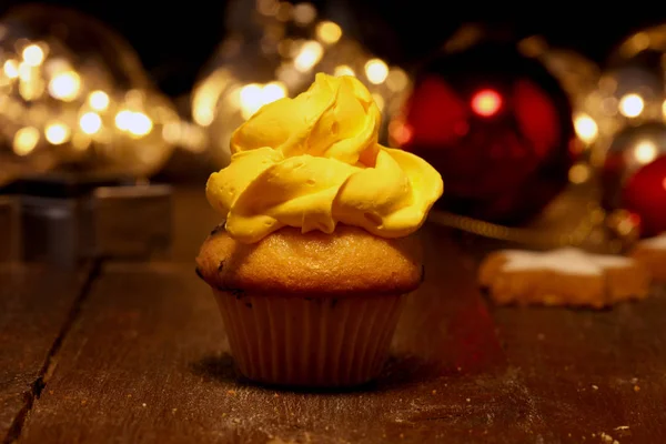 Prăjituri Gustoase Fundal Iarnă Crăciun Cupcake Ziua Nastere Culori Curcubeu — Fotografie, imagine de stoc
