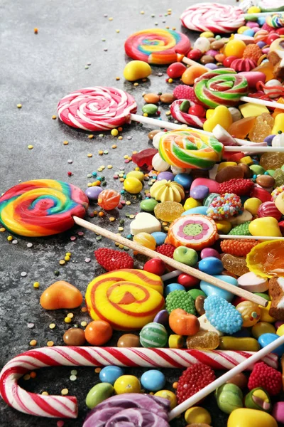 Bonbons Mit Gelee Und Zucker Bunte Palette Verschiedenen Süßigkeiten Und — Stockfoto