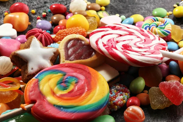 Bonbons Mit Gelee Und Zucker Bunte Palette Verschiedenen Süßigkeiten Und — Stockfoto