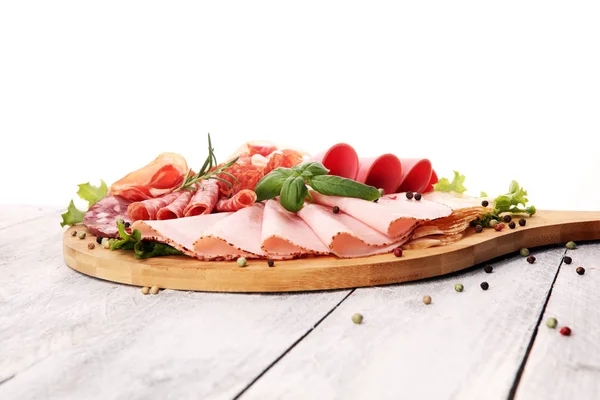 Food Tray Delicious Salami Pieces Sliced Ham Sausage Salad Meat — Stock Photo, Image