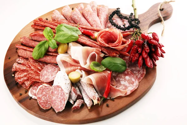 Food Tray Delicious Salami Pieces Sliced Prosciutto Crudo Sausage Basil — Stock Photo, Image