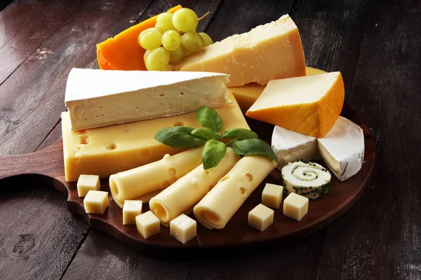 チーズぶどう添えプレート大皿に様々 なチーズ — ストック写真
