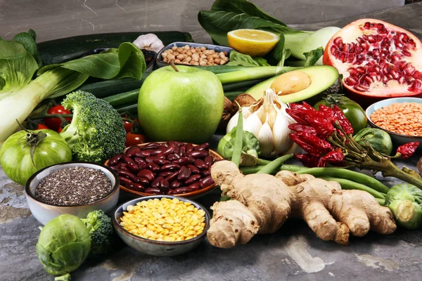 Egészséges Ételek Tiszta Táplálkozás Kiválasztása Gyümölcs Zöldség Magvak Szuperétel Gabonafélék — Stock Fotó