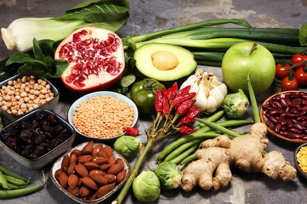 Alimentação Saudável Seleção Alimentação Limpa Fruto Verdura Sementes Supercomida Cereais — Fotografia de Stock