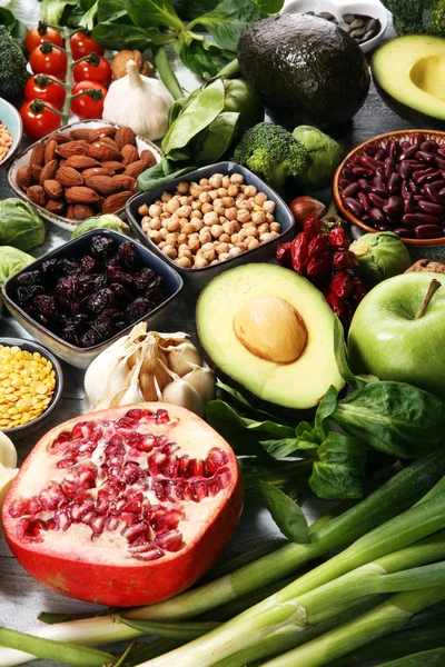 Egészséges Ételek Tiszta Táplálkozás Kiválasztása Gyümölcs Zöldség Magvak Szuperétel Gabonafélék — Stock Fotó