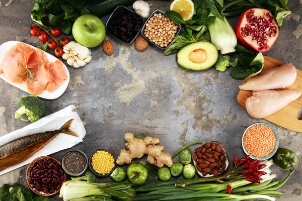 Здорова Їжа Чистий Вибір Їжі Фрукти Овочі Насіння Суперпродукти Зернові — стокове фото