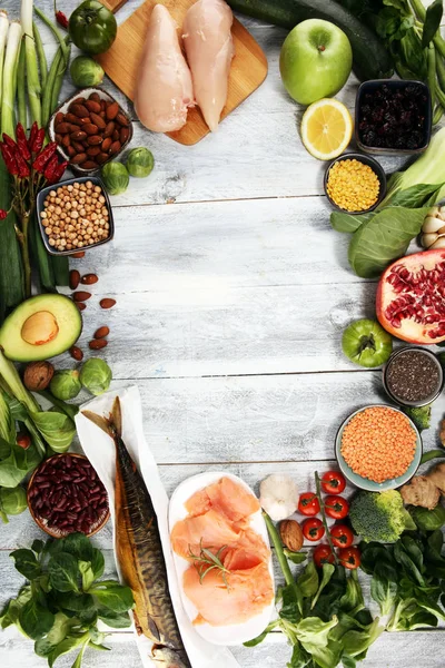 Alimentação Saudável Seleção Alimentação Limpa Fruto Verdura Sementes Supercomida Cereais — Fotografia de Stock