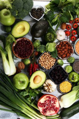 Sağlıklı gıda seçimi yeme temiz. meyve, sebze, tohum, superfood, tahıllar, yaprak sebze. Vejetaryen veya vegan gıda
