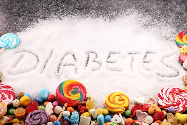 Diet and weight loss, denial of sweet. diabetes text with concept. Sugar description in black. sweets. Diabetes problems, harm from eating, dependence on flavoring. Pain in the teeth, caries