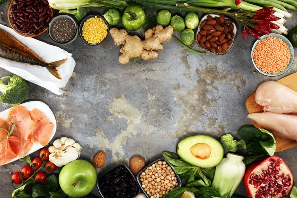 Alimentação Saudável Seleção Alimentação Limpa Fruto Verdura Sementes Supercomida Cereais — Fotografia de Stock