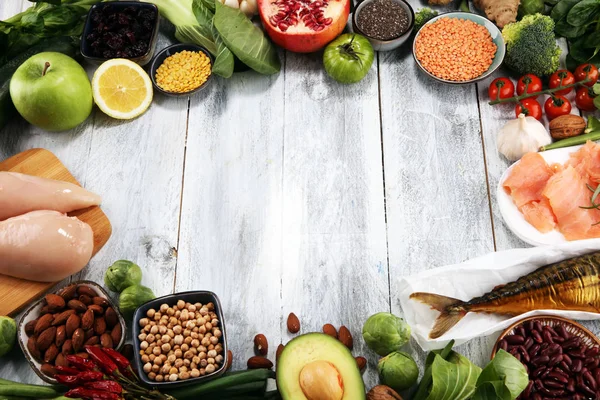 Hälsosam Mat Ren Äta Urval Frukt Grönsaker Frön Superfood Spannmål — Stockfoto