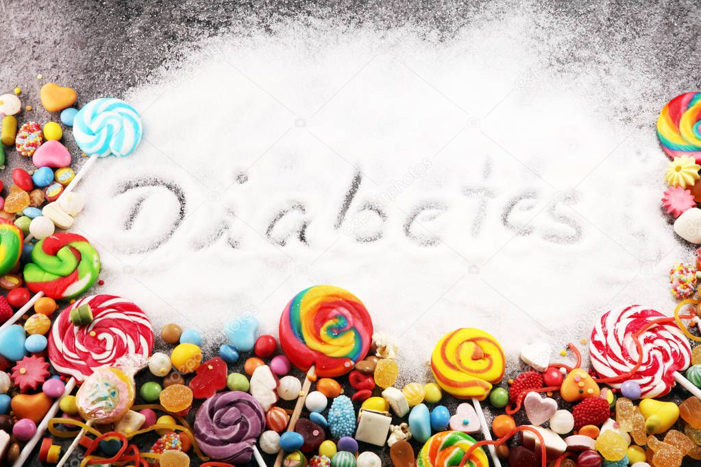 Diet and weight loss, denial of sweet. diabetes text with concept. Sugar description in black. sweets. Diabetes problems, harm from eating, dependence on flavoring. Pain in the teeth, caries