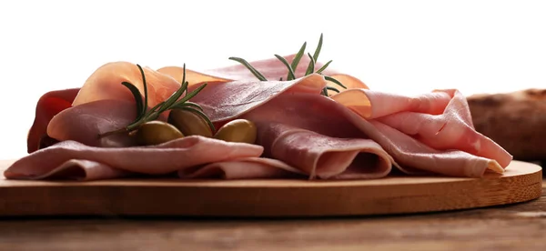 Jamón Rodajas Sobre Fondo Madera Prosciutto Fresco Jamón Cerdo Rodajas — Foto de Stock