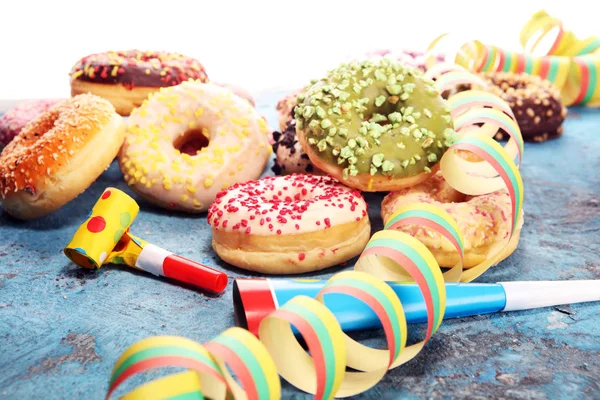Assorted Donuts Chocolate Frosted Pink Glazed Sprinkles Donuts Carnival Concept — Stock Photo, Image