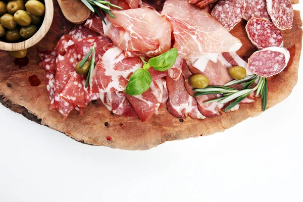 Marmorschneidebrett Mit Prosciutto Speck Salami Und Würstchen Auf Holzgrund Fleischplatte — Stockfoto