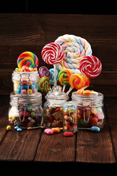 Candies Jelly Sugar Colorful Array Different Childs Sweets Treats Glass — Stock Photo, Image