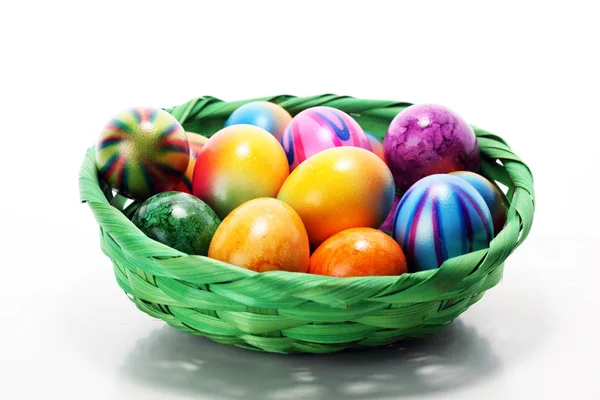 Basket Easter Eggs Table Colorful Easter Decoration — Stock Photo, Image