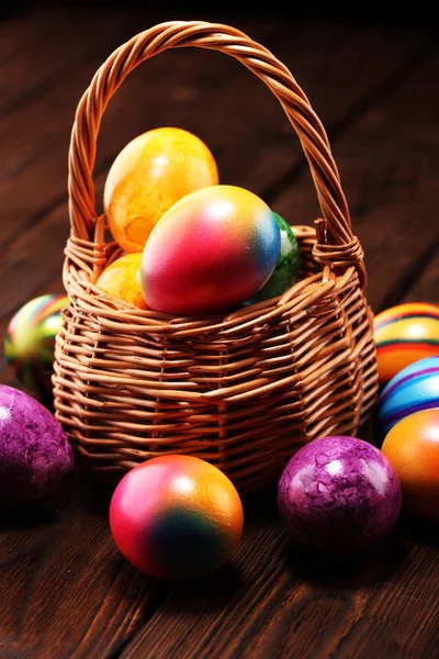 Basket Easter Eggs Table Colorful Easter Decoration — Stock Photo, Image